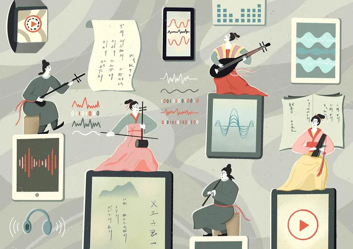 People playing traditional string instruments with soundwave charts and digital devices