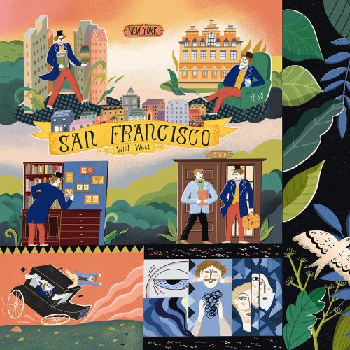 Colorful San Francisco scenes with a vintage camera and city landmarks