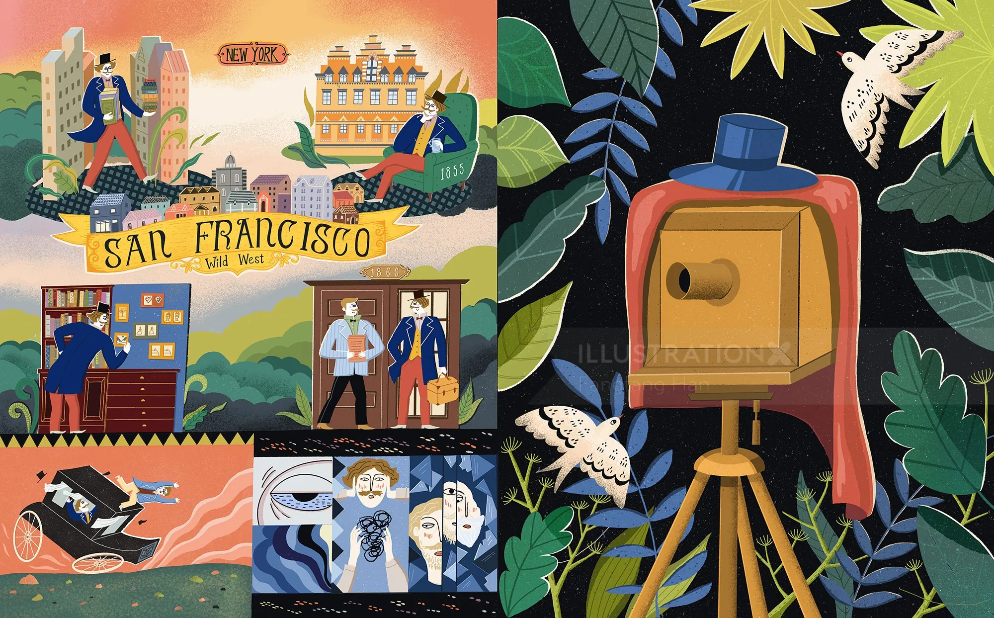 Colorful San Francisco scenes with a vintage camera and city landmarks