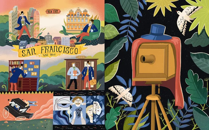 Colorful San Francisco scenes with a vintage camera and city landmarks