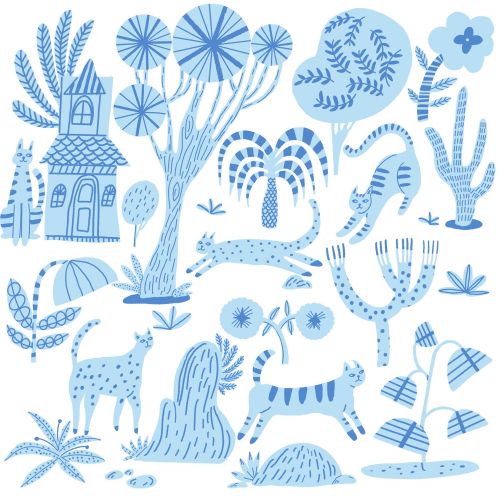 Blue whimsical drawing with house, trees, deer, and leopard