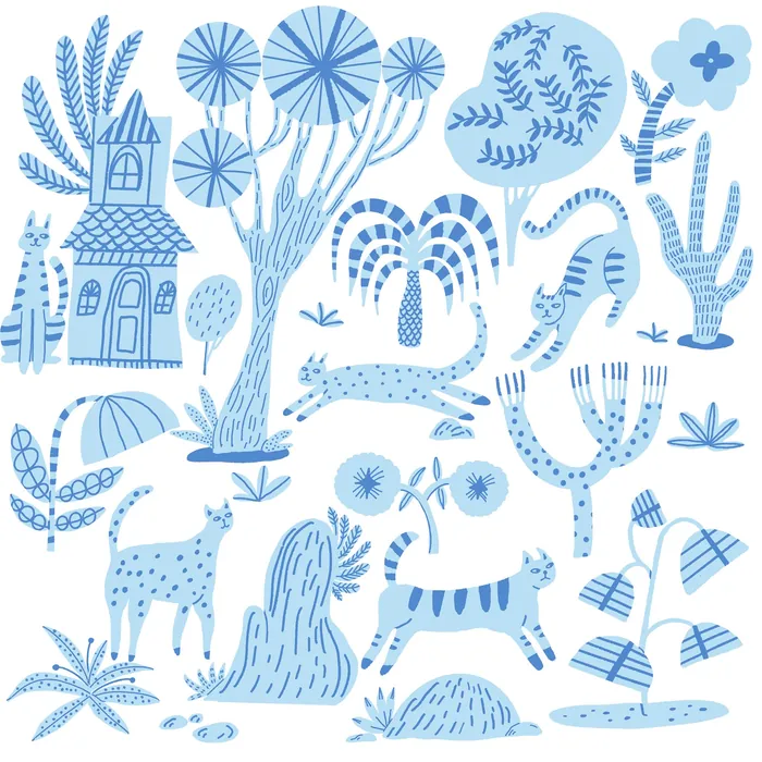 Blue whimsical drawing with house, trees, deer, and leopard