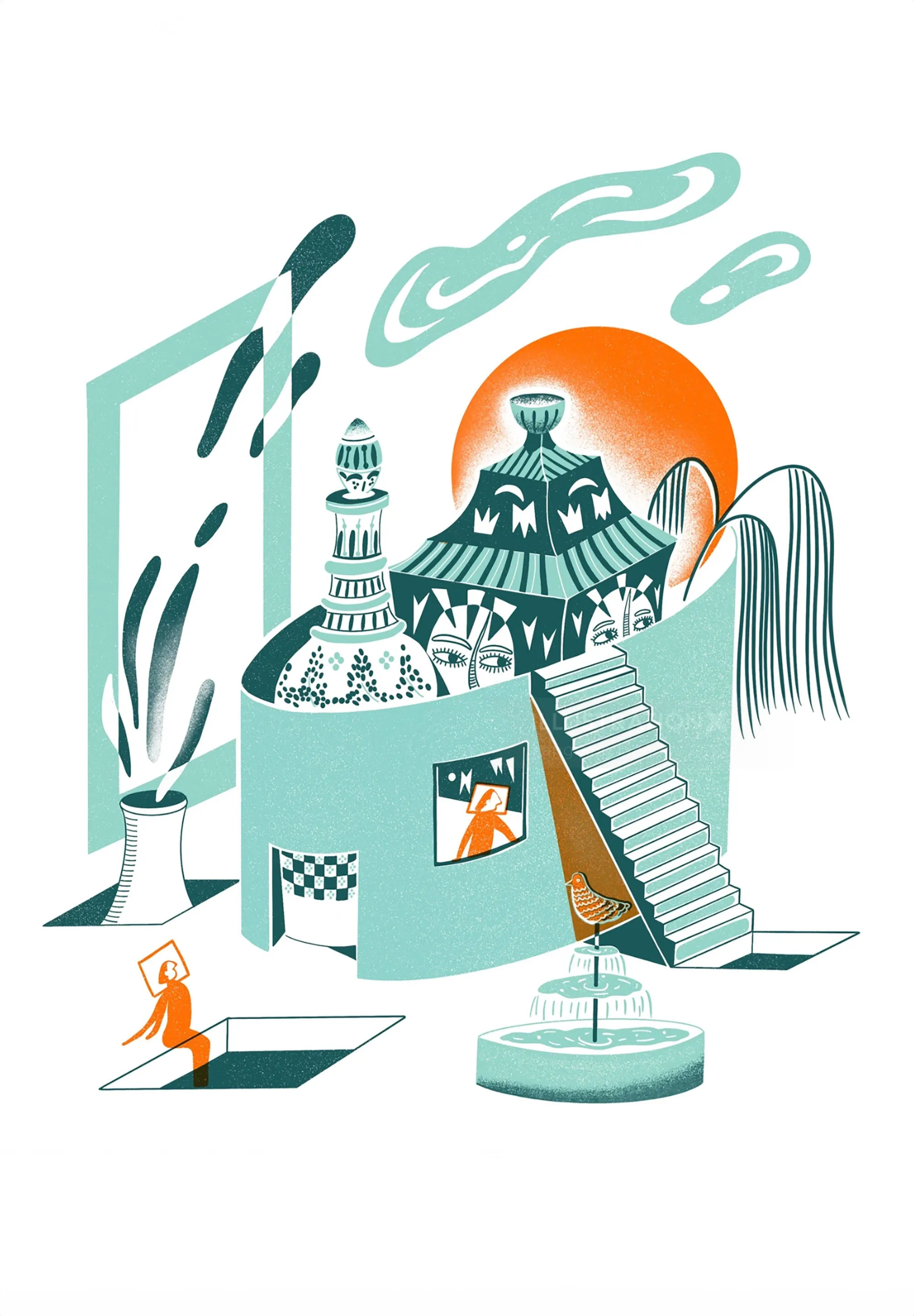 Whimsical surreal building with a ladder, fountain, and person near a hole