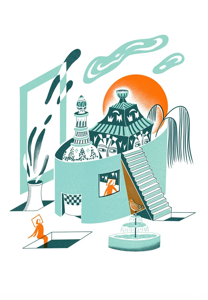 Whimsical surreal building with a ladder, fountain, and person near a hole