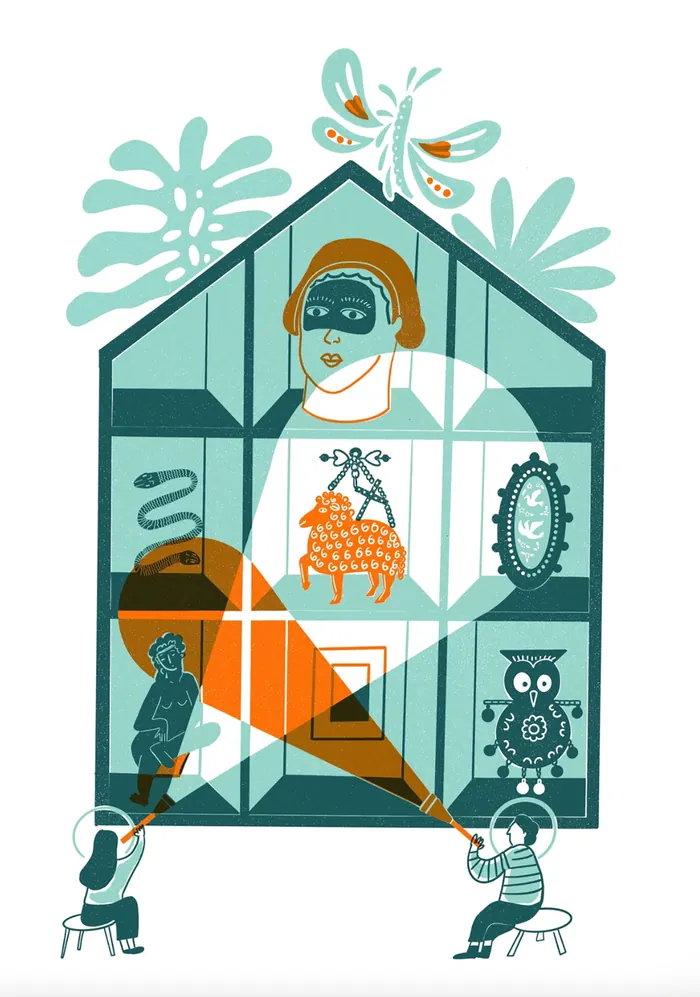 Visitors exploring an abstract museum with artifacts and sculptures inside.