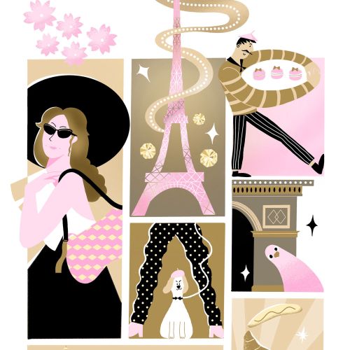 Fashionable man and woman with Eiffel Tower and snake illustration