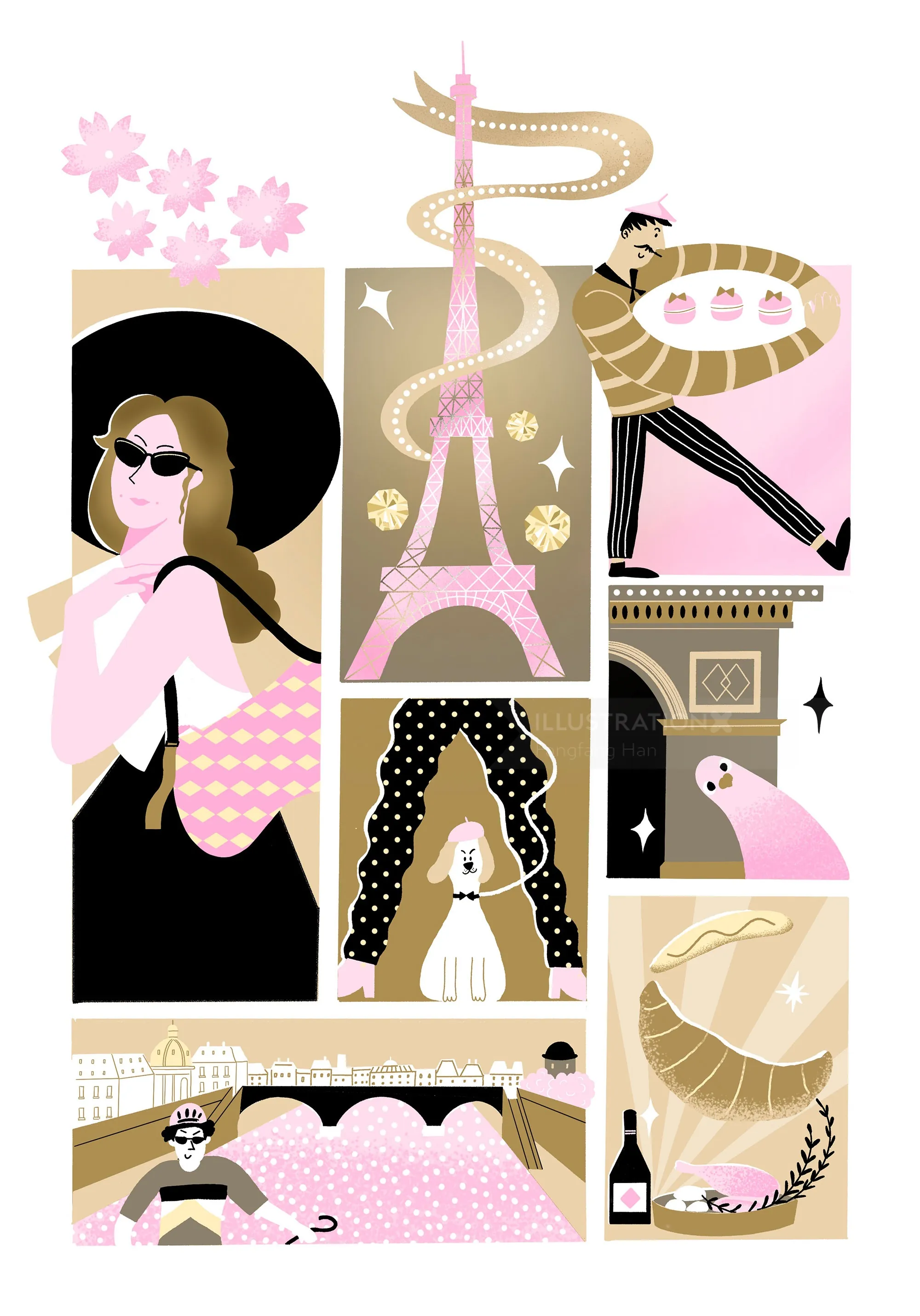 Fashionable man and woman with Eiffel Tower and snake illustration