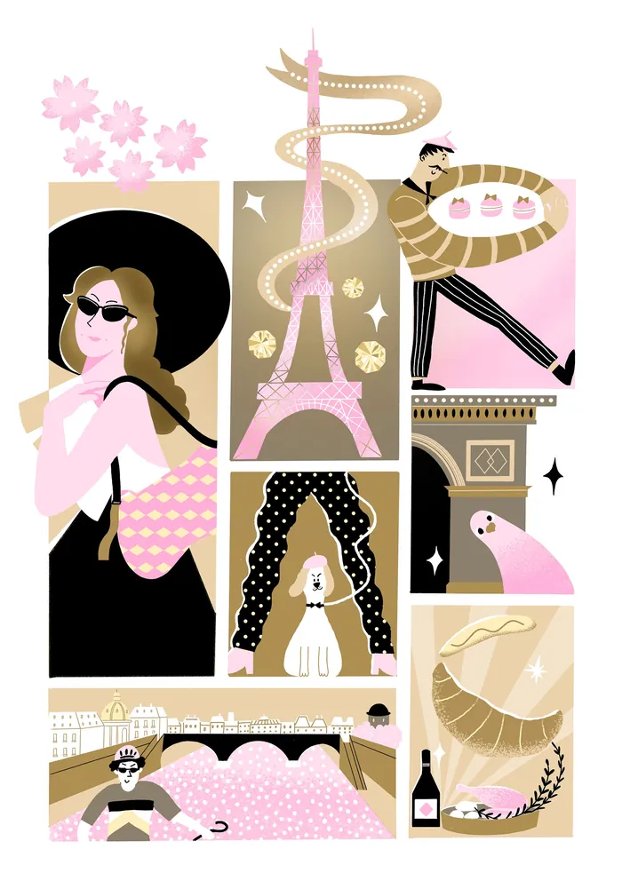 Fashionable man and woman with Eiffel Tower and snake illustration