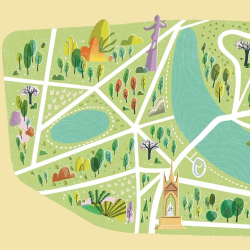 Colorful illustrated park map with paths, trees, ponds, and walking figures