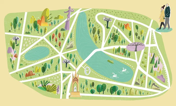Colorful illustrated park map with paths, trees, ponds, and walking figures