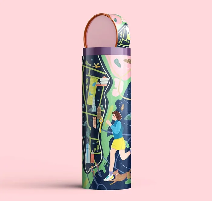 Decorative water bottle featuring a runner and floral patterns