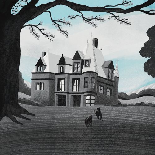 Spooky mansion with two black cats under large tree branches