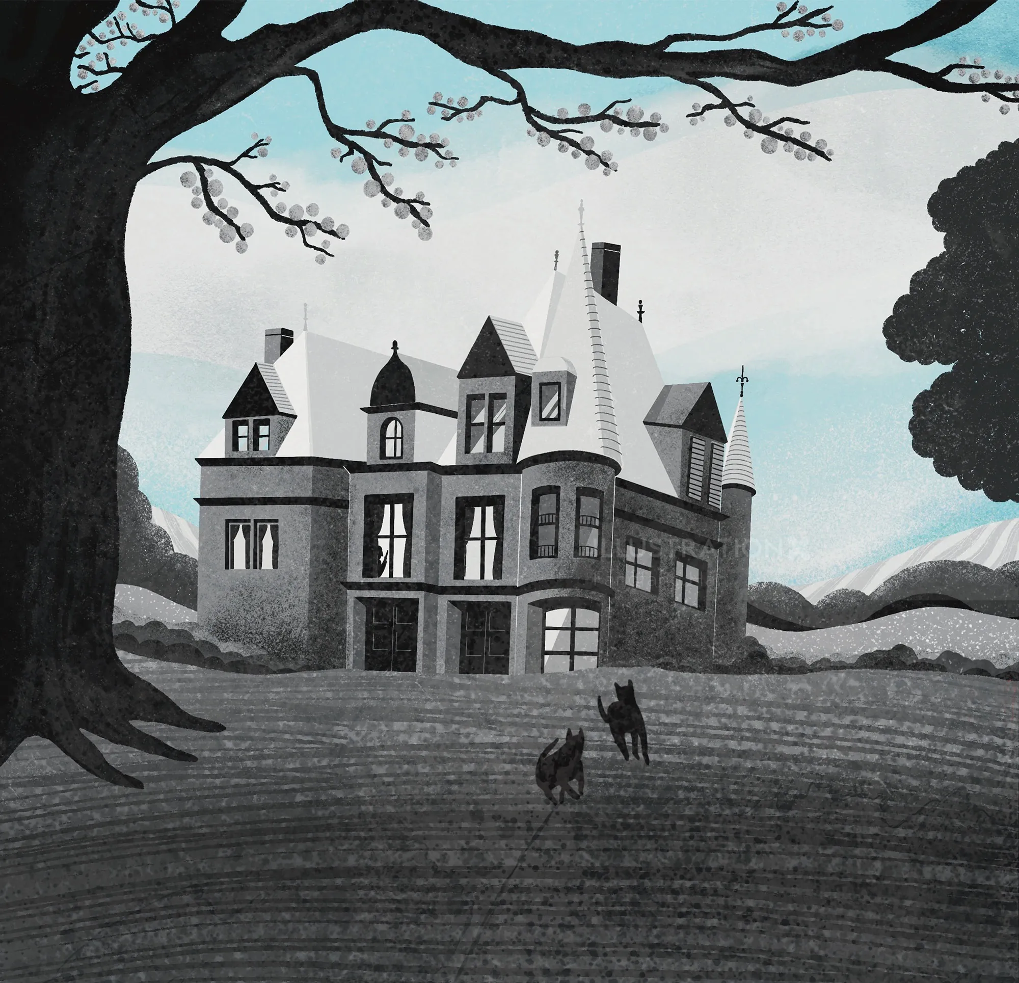 Spooky mansion with two black cats under large tree branches