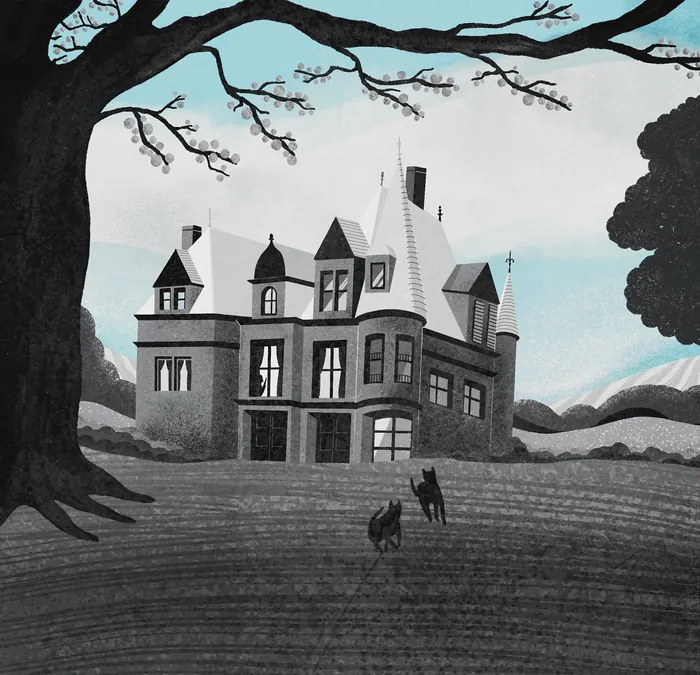 Spooky mansion with two black cats under large tree branches