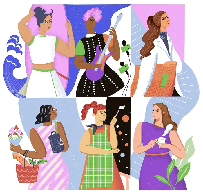 Diverse women depicted in different roles and activities illustration