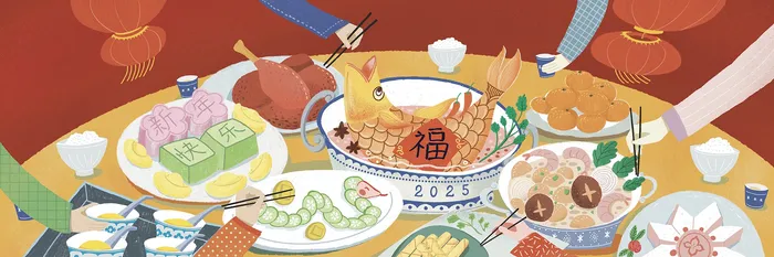 Artwork of food at a Lunar New Year gathering