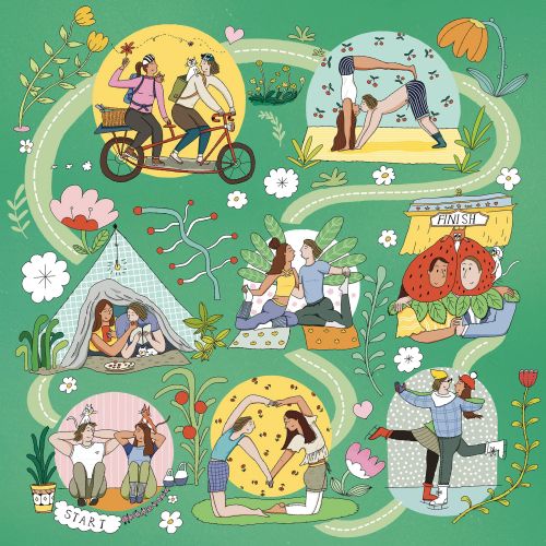 Couples exercising, cycling, and sharing love in whimsical garden scenes