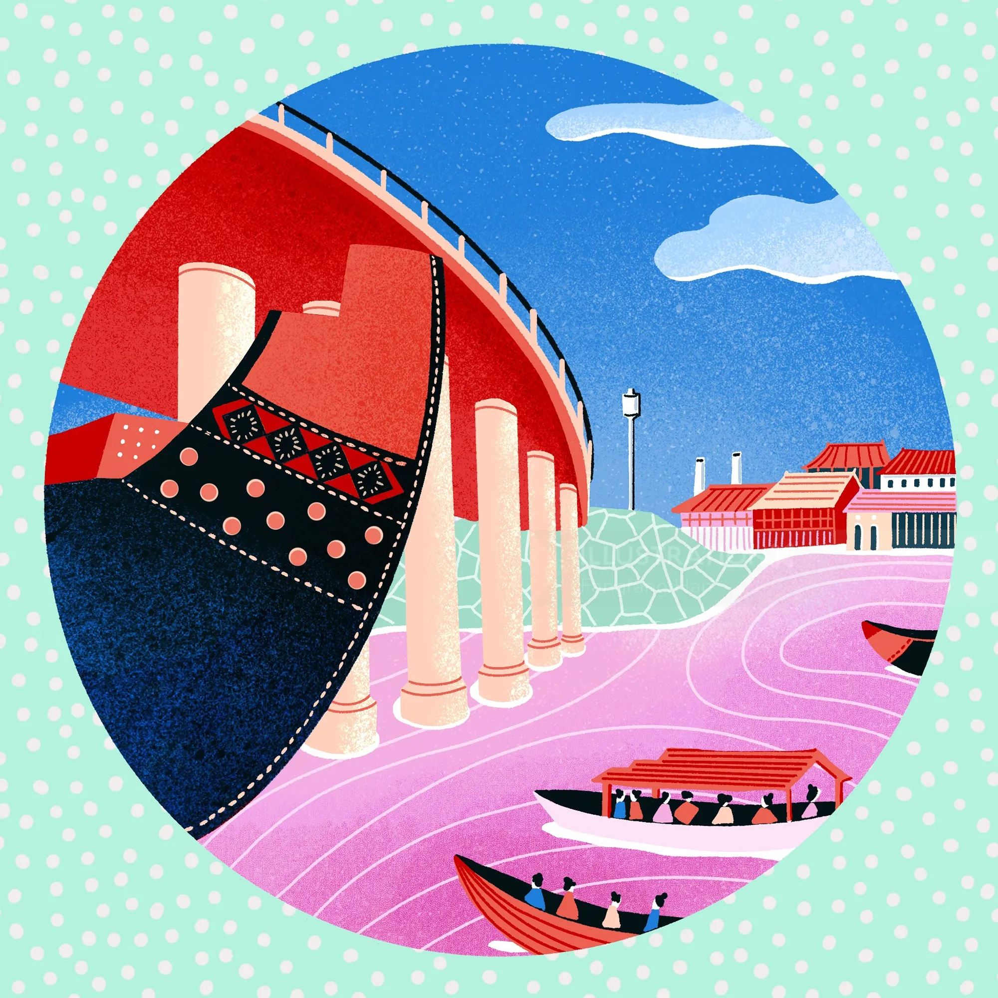 Traditional boats float near red bridge and buildings in ancient Japan