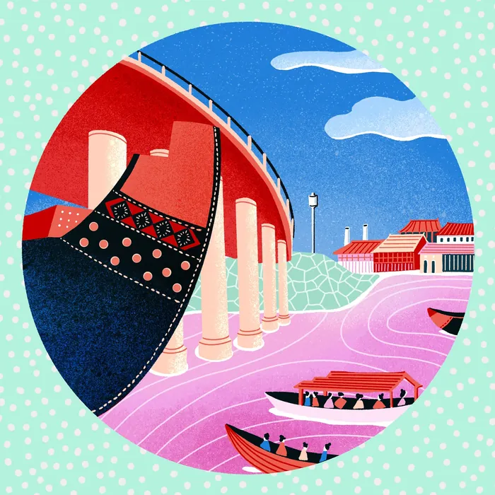 Traditional boats float near red bridge and buildings in ancient Japan