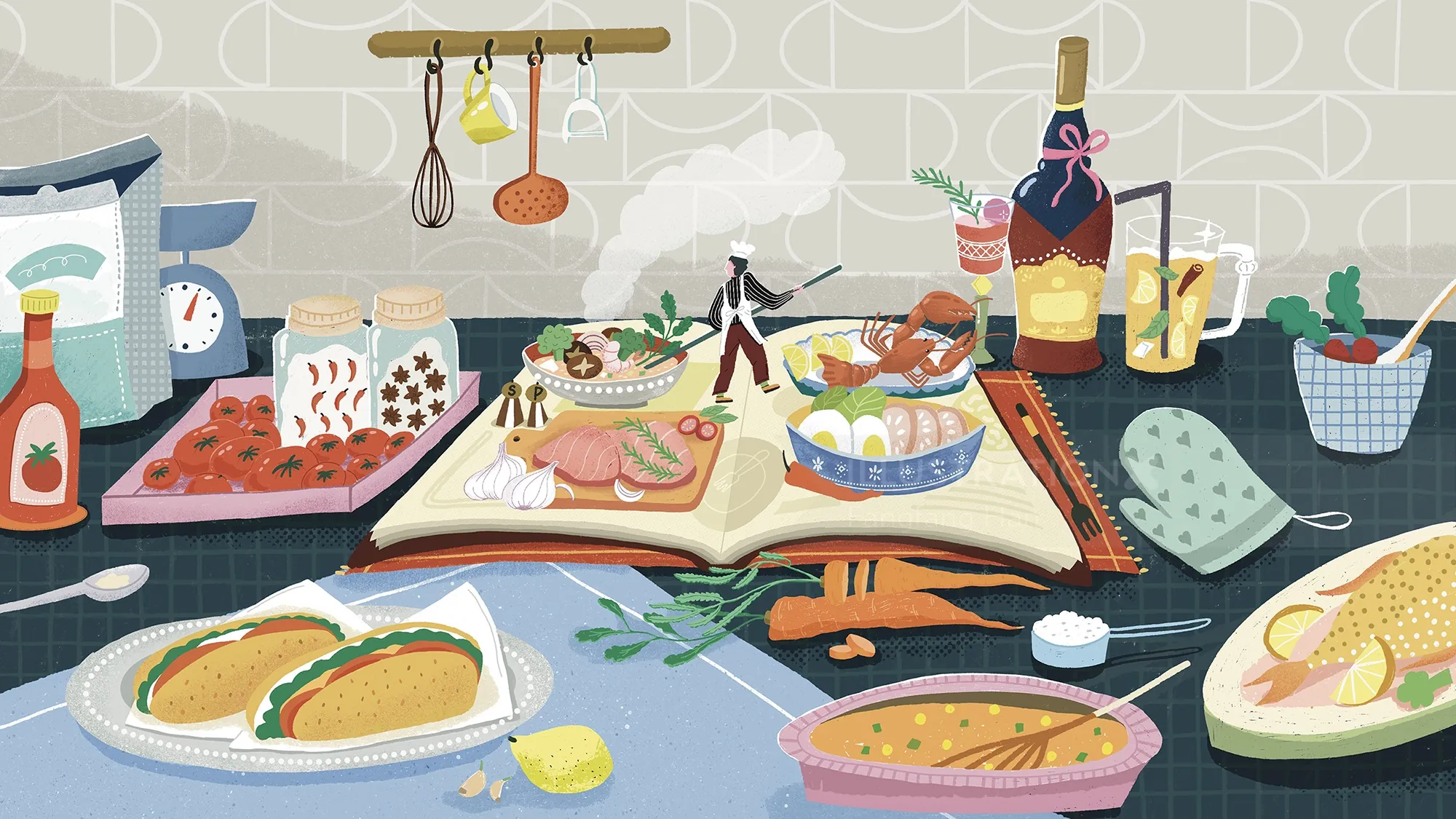 Colorful kitchen scene with various dishes and cooking utensils