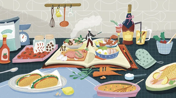 Colorful kitchen scene with various dishes and cooking utensils