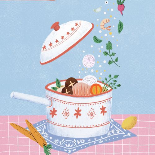 Cooking pot with vegetables and herbs floating above