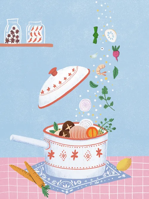 Cooking pot with vegetables and herbs floating above
