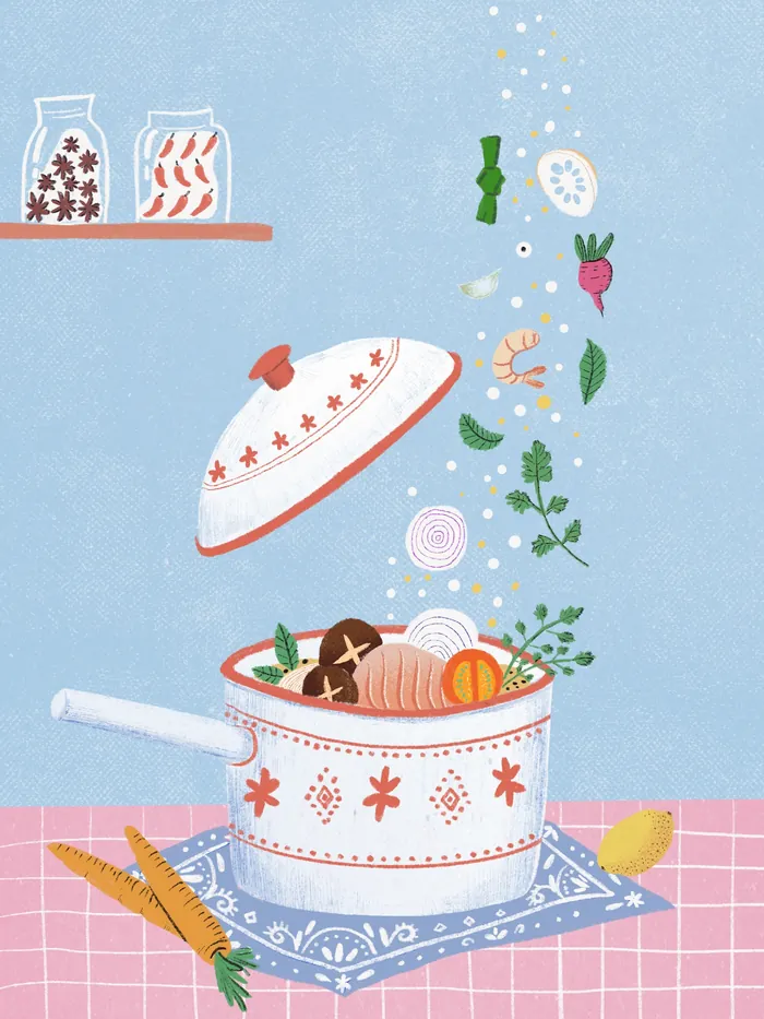 Cooking pot with vegetables and herbs floating above