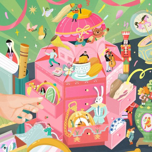 Whimsical pink jewelry box illustration with playful characters by Fangfang Han