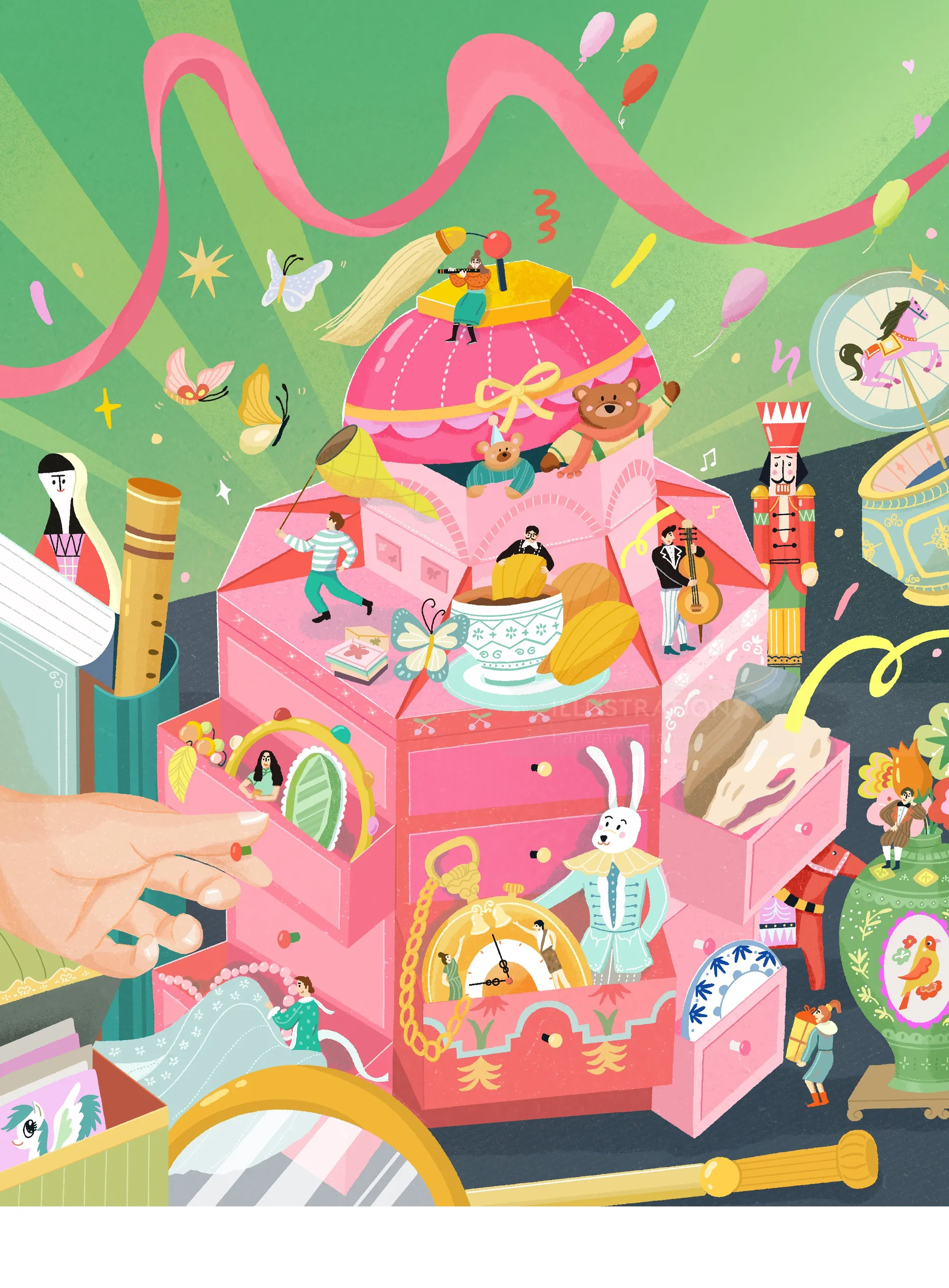 Whimsical pink jewelry box illustration with playful characters by Fangfang Han