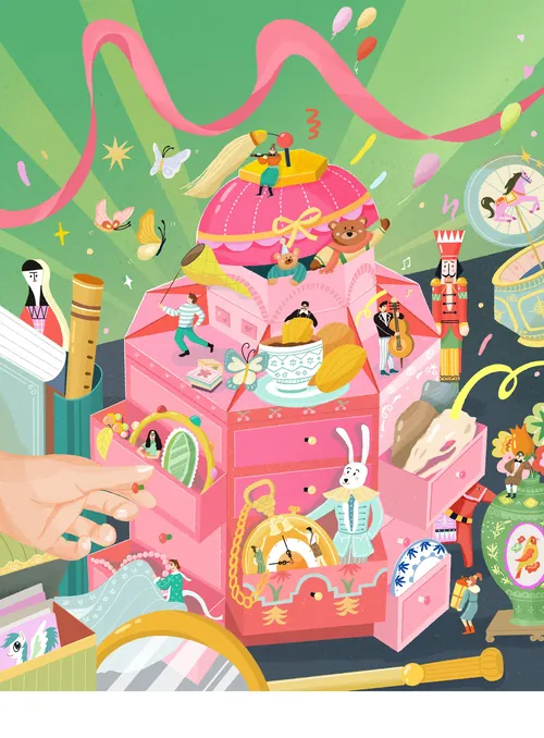 Whimsical pink jewelry box illustration with playful characters by Fangfang Han