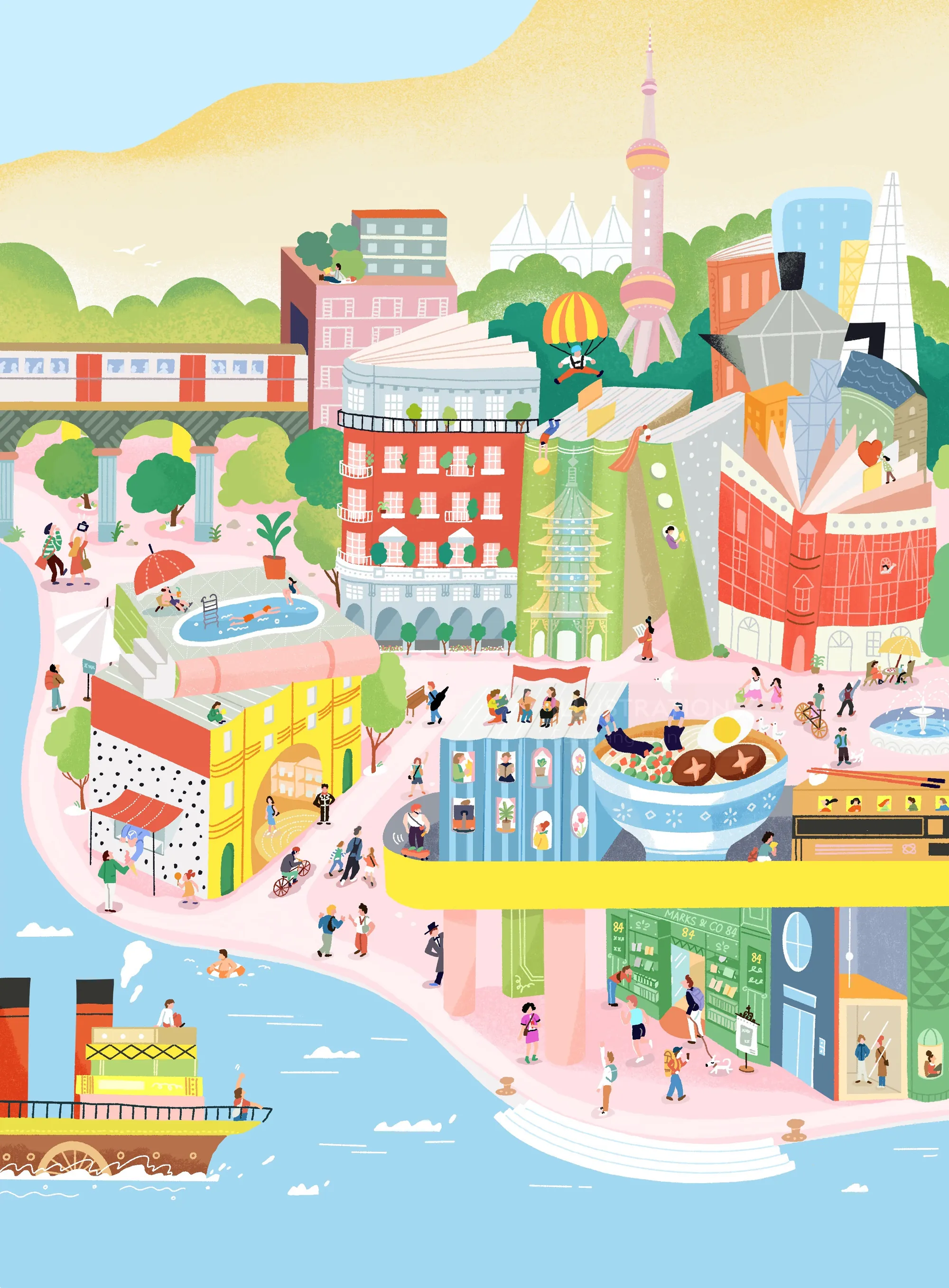 Colorful cityscape with buildings and people by Fangfang Han