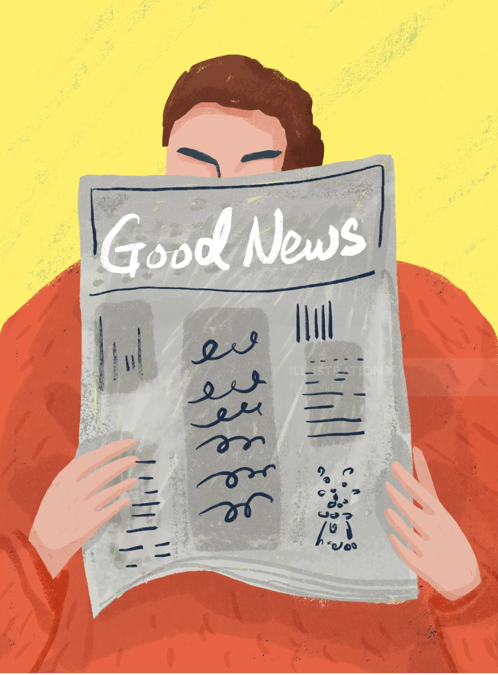 Person holding newspaper with Good News headline, illustration by Fangfang Han