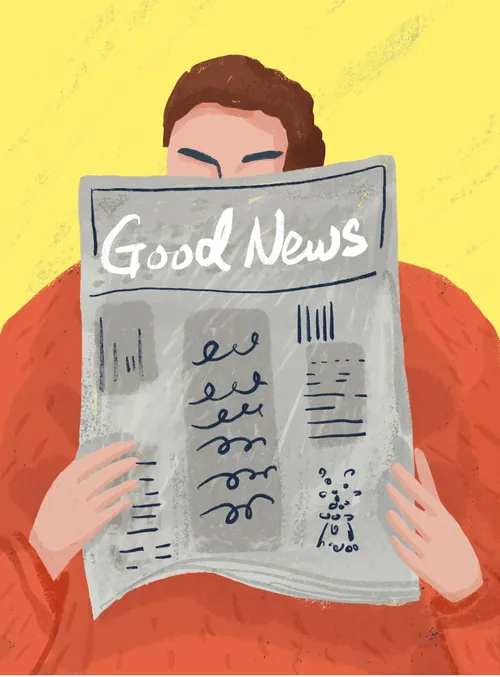 Person holding newspaper with Good News headline, illustration by Fangfang Han