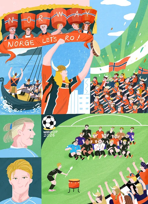 Viking fans cheering at World Cup stadium, artist Fangfang Han
