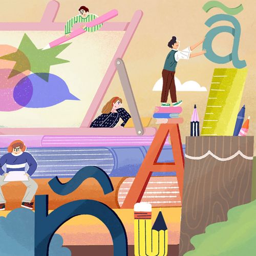 Colorful illustration of children engaging with alphabet letters, by Fangfang Han