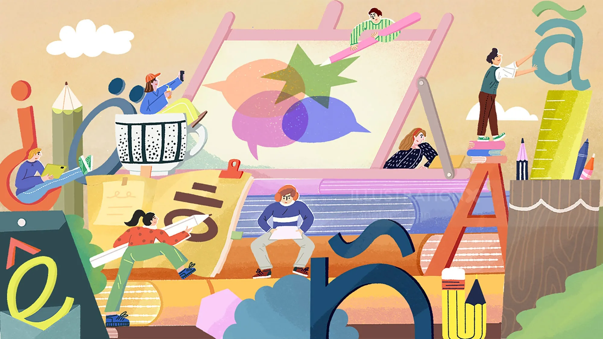 Colorful illustration of children engaging with alphabet letters, by Fangfang Han