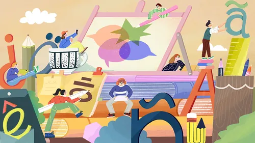 Colorful illustration of children engaging with alphabet letters, by Fangfang Han