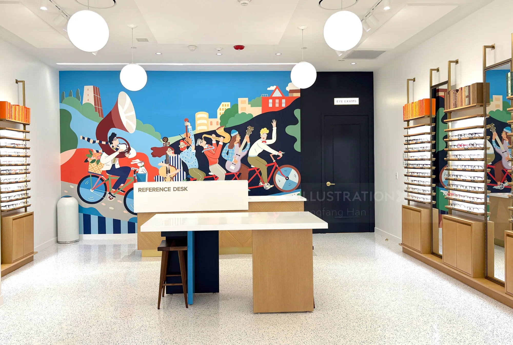 Warby Parker store interior with colorful mural and glasses display by Fangfang Han