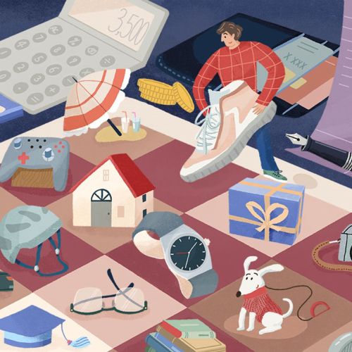 Personal finance themed illustration by Fangfang Han with money, calendar, and items