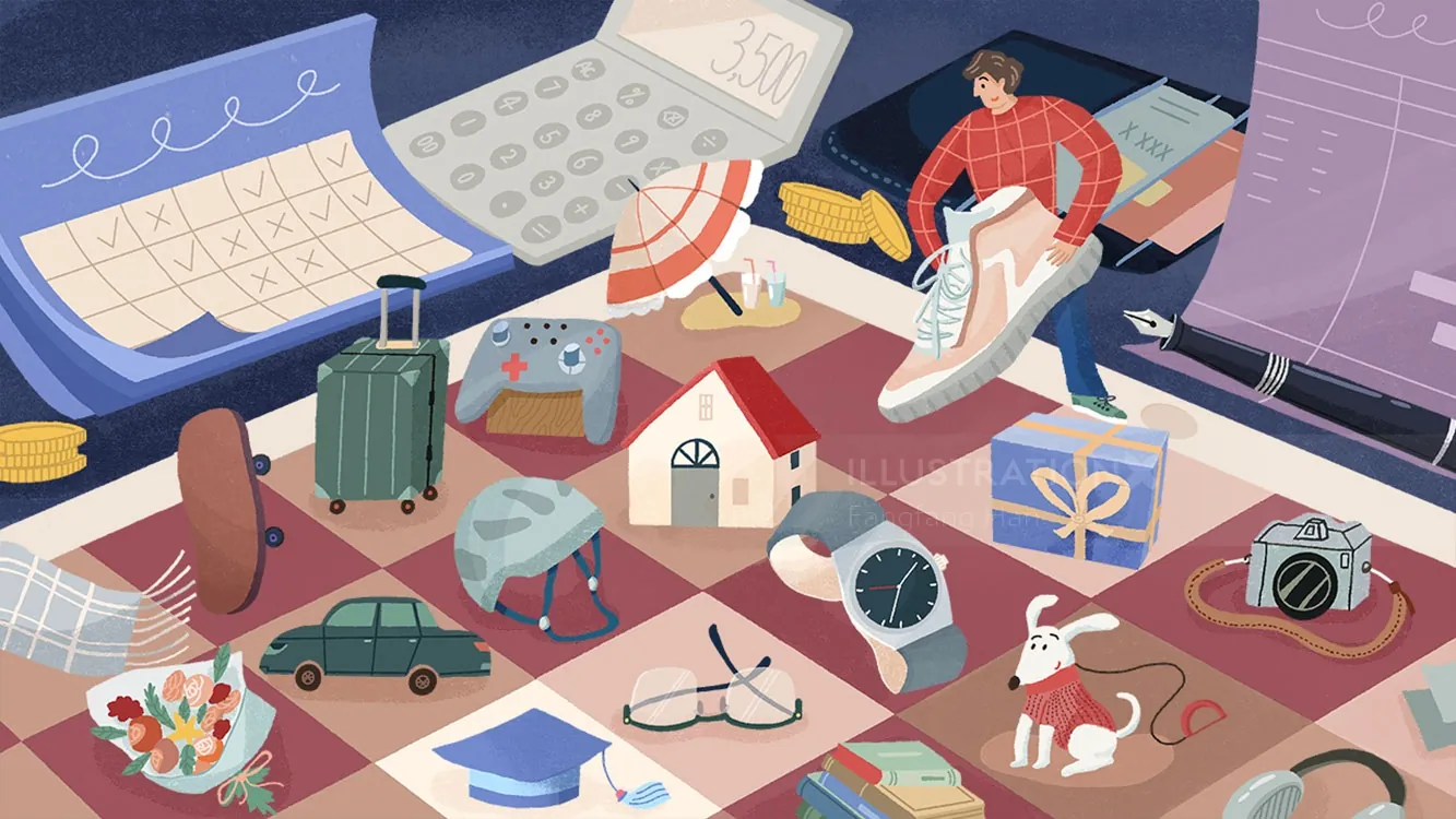 Personal finance themed illustration by Fangfang Han with money, calendar, and items