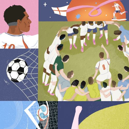 Fangfang Han illustration of soccer players, a football, and stadium scenes in colorful panels