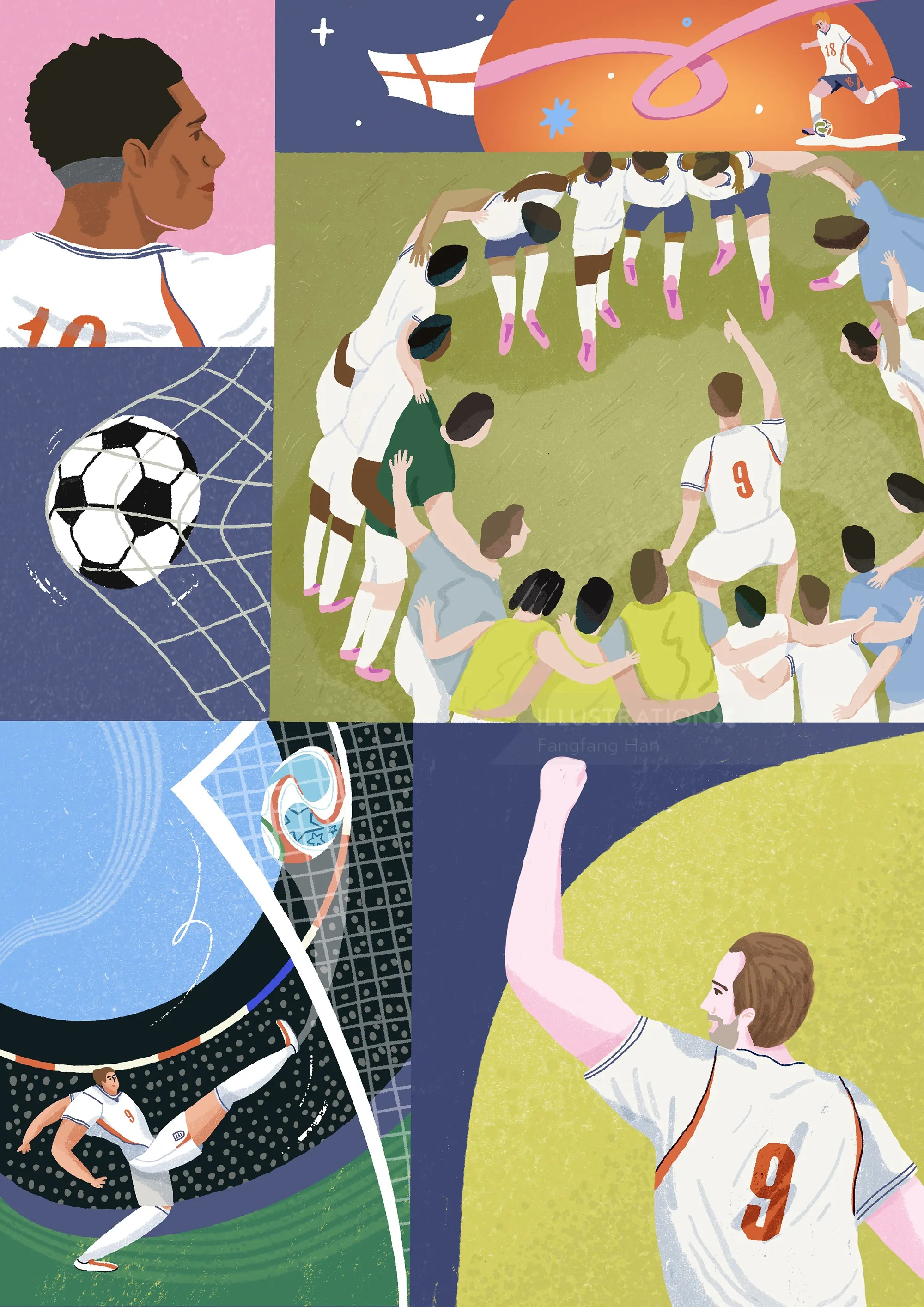 Fangfang Han illustration of soccer players, a football, and stadium scenes in colorful panels