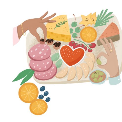 Fangfang Han illustration of hands arranging sushi, fruit, and colorful food on a board