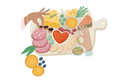 Fangfang Han illustration of hands arranging sushi, fruit, and colorful food on a board
