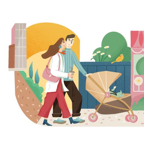 Fangfang Han illustration of a woman pushing a stroller through a colorful neighborhood