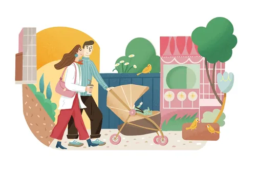 Fangfang Han illustration of a woman pushing a stroller through a colorful neighborhood