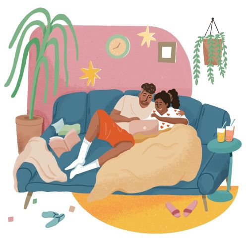Fangfang Han illustration of two people relaxing together on a blue sofa