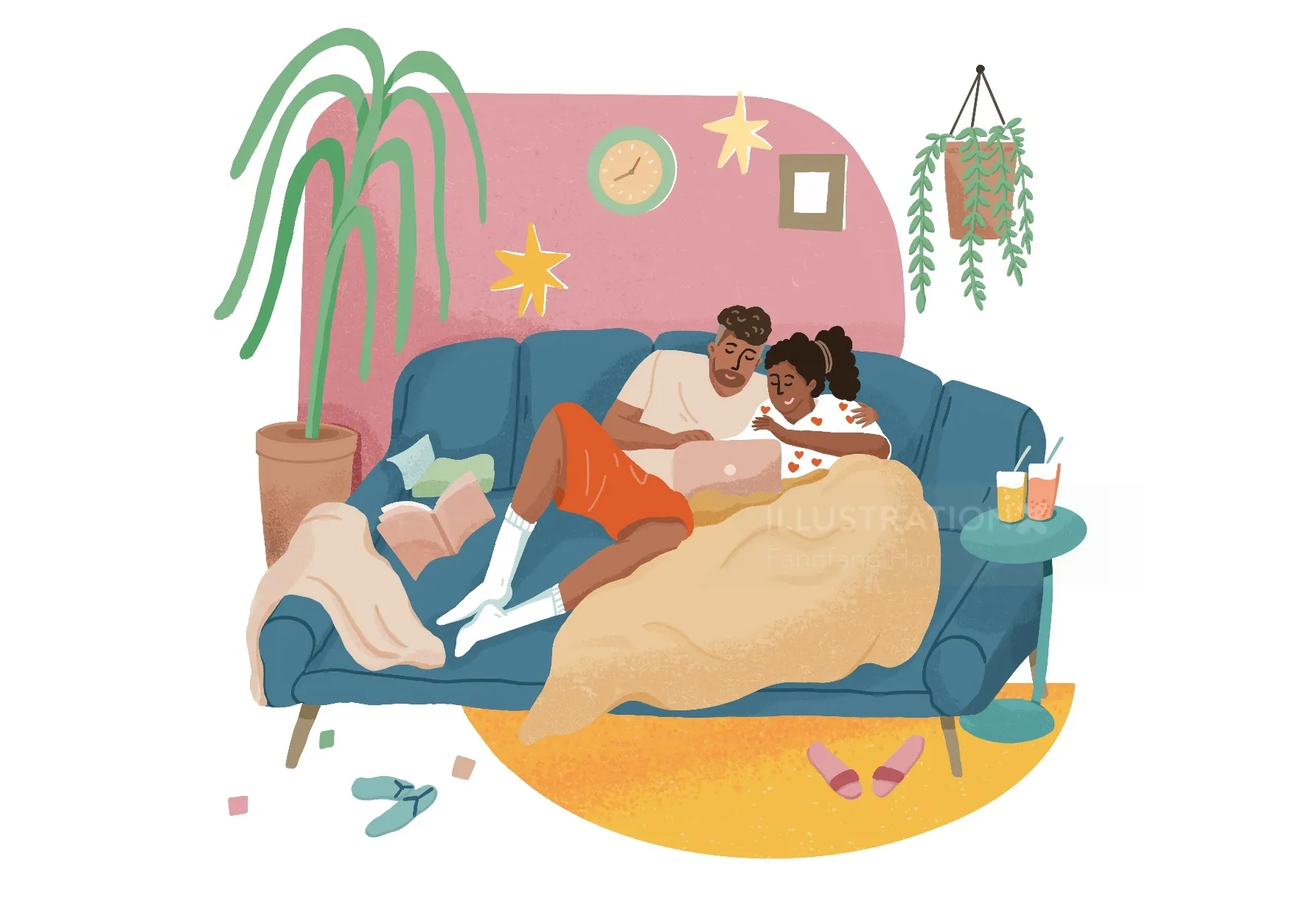 Fangfang Han illustration of two people relaxing together on a blue sofa
