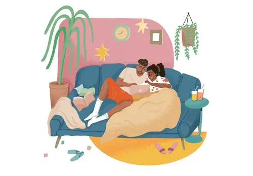 Fangfang Han illustration of two people relaxing together on a blue sofa